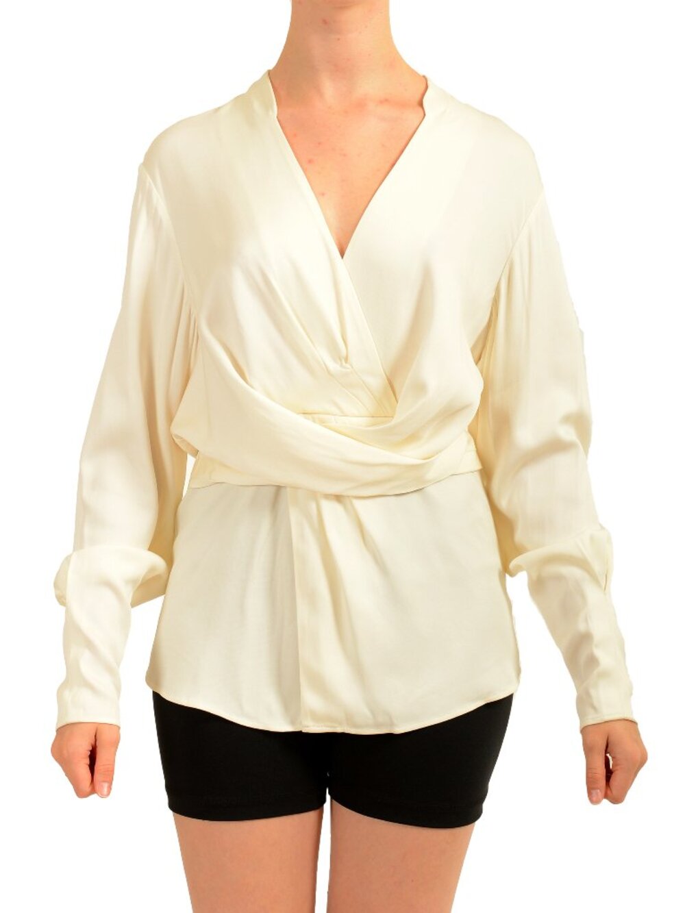 Hugo Boss Women's "Bimkai" Ivory Deep V-Neck Long Sleeve Blouse Top US 4 IT 40